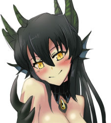 Rule 34 | 1girl, black hair, breasts, cleavage, dragon, dragon girl, monster girl, monster girl encyclopedia, scales, simple background, smile, solo, white background, wizard898, wurm (monster girl encyclopedia), yellow eyes