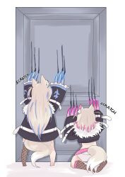 Rule 34 | 2girls, absurdres, animal ears, blue hair, claw mark, claws, coat, cropped jacket, dog ears, dog girl, dog tail, door, fishnet thighhighs, fishnets, from behind, fur trim, fuwamoco, fuwawa abyssgard, fuwawa abyssgard (1st costume), highres, holoadvent, hololive, hololive english, light brown hair, long hair, mococo abyssgard, mococo abyssgard (1st costume), multicolored hair, multiple girls, pink hair, scratching, short hair, siblings, single fishnet legwear, sisters, streaked hair, tail, thighhighs, twins, two side up, virtual youtuber, yorobisan