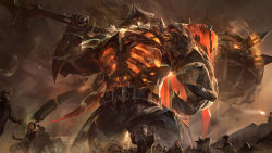 Rule 34 | 1boy, absurdres, armor, belt, black pants, claws, giant, glowing, glowing eyes, hat, high noon mordekaiser, highres, holding, holding weapon, league of legends, looking at viewer, male focus, mask, mordekaiser, mountain, over shoulder, pants, people, short hair, solo focus, spikes, train, weapon, weapon over shoulder, wutu (1183238220)