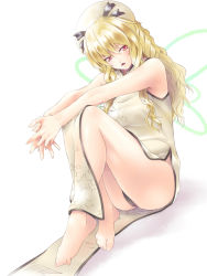 Rule 34 | 1girl, aged up, alternate costume, bad id, bad pixiv id, bare legs, barefoot, black panties, blonde hair, china dress, chinese clothes, dress, female focus, full body, hat, long hair, looking at viewer, luna child, mochi.f, panties, red eyes, simple background, sitting, solo, touhou, underwear