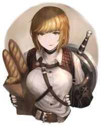 Rule 34 | 1girl, absurdres, armor, belt, blonde hair, borrowed character, bread, breasts, brown eyes, fingerless gloves, food, gauntlets, gloves, highres, ito (silva), large breasts, leather belt, licking, licking another&#039;s face, original, shirt, shortsword (navigavi), solo, sword, tagme, weapon, white shirt