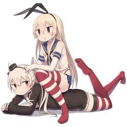 Rule 34 | &gt;:o, 10s, 2girls, :o, amatsukaze (kancolle), bare shoulders, black panties, blonde hair, brown eyes, crop top, dress, elbow gloves, full body, girl on top, gloves, grey eyes, hair between eyes, hair tubes, hairband, harau, highleg, highleg panties, kantai collection, leg up, long hair, looking at another, lying, microskirt, miniskirt, multiple girls, on stomach, open mouth, panties, red legwear, sailor collar, sailor dress, school uniform, serafuku, shimakaze (kancolle), short dress, silver hair, single glove, sitting, sitting on person, skirt, striped clothes, striped legwear, striped thighhighs, sweatdrop, thighhighs, two side up, underwear, v-shaped eyebrows, wavy mouth, white gloves