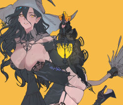Rule 34 | between breasts, black hair, breasts, broom, broom riding, bug, detached collar, detached sleeves, gloves, hat, high heels, highres, lantern, large breasts, long hair, mole, mole on breast, okku, original, pointy ears, solo, spider, wide sleeves, witch hat, yellow eyes