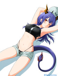 Rule 34 | 1girl, absurdres, arknights, armpits, arms up, artist name, bare shoulders, black panties, blue hair, blush, breasts, ch&#039;en (arknights), ch'en (arknights), collarbone, commentary, dragon horns, feet out of frame, felutiahime, female tourist c (arknights), frown, hair between eyes, highres, horns, long hair, looking at viewer, navel, official alternate costume, one eye closed, open clothes, open shorts, panties, red eyes, shirt, short shorts, shorts, simple background, sleeveless, solo, tail, underwear, white background, white shirt