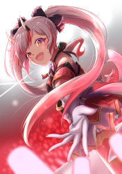 Rule 34 | 1girl, absurdres, blush, bow, commentary request, dress, gloves, glowstick, gradient hair, hair bow, highres, hilamaru, hololive, horns, huge filesize, idol, long hair, looking at viewer, looking back, multicolored hair, nakiri ayame, open mouth, outstretched arms, red dress, red hair, sidelocks, silver hair, skin-covered horns, solo, stage, swept bangs, thighhighs, twintails, virtual youtuber, white gloves
