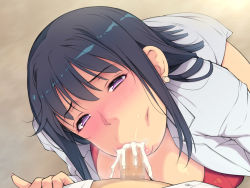 Rule 34 | 1girl, :&gt;=, black hair, blush, breasts, cleavage, cum, cum in mouth, earrings, ejaculation, embarrassed, eyebrows hidden by hair, facing viewer, fellatio, from above, half-closed eyes, jewelry, lab coat, large breasts, legs, long hair, looking at viewer, nose blush, open clothes, open shirt, oral, orgasm, original, pink eyes, pov, school nurse, simple background, squatting, standing, thighs, yoko juusuke