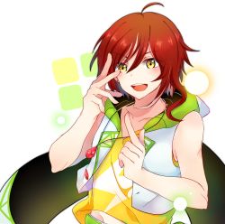 Rule 34 | 10s, 1boy, ahoge, blush, earrings, ensemble stars!, highres, hood, hooded vest, hoodie, jewelry, male focus, necklace, open mouth, pauta 00, red hair, sakasaki natsume, short hair, smile, solo, vest, yellow eyes