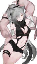 1girl animal_ears arknights arm_up bare_shoulders black_scarf black_shorts breasts cat_ears cat_tail cleavage commentary cowboy_shot crop_top eyes_visible_through_hair grey_jacket hair_over_one_eye hand_up highres jacket large_breasts long_hair long_sleeves looking_at_viewer midriff mmmegh navel off_shoulder open_clothes open_jacket parted_lips puffy_sleeves scarf schwarz_(arknights) short_shorts shorts silver_hair simple_background solo stomach tail thigh_strap thighs transparent_background very_long_hair white_background yellow_eyes