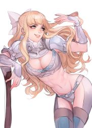 Rule 34 | 1girl, armor, biceps, bikini armor, blonde hair, blue eyes, bow, breasts, charlotte (fire emblem), cleavage, fire emblem, fire emblem fates, hair bow, highres, large breasts, long hair, nintendo, pauldrons, shoulder armor, sinnygoto, smile, solo, spikes, weapon, white bow