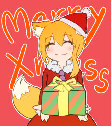 Rule 34 | 1girl, alternate costume, animal ear fluff, animal ears, asymmetrical hair, blonde hair, closed eyes, closed mouth, commentary request, cookie (touhou), cowboy shot, fox ears, fox girl, fox tail, hat, incoming gift, medium hair, merry christmas, miramikaru riran, red background, santa costume, santa hat, sidelocks, simple background, smile, solo, tail, yan pai