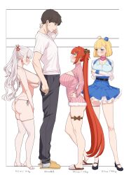 Rule 34 | 1boy, 3girls, ahoge, arms under breasts, ass, belt, bikini, black footwear, black pants, blonde hair, blue eyes, blue shirt, blue skirt, blush, bow, breasts, brown hair, butt crack, character request, closed mouth, commander (last origin), commentary request, cropped jacket, crossed arms, curvy, draculina (last origin), earrings, garrison cap, grey hair, griffon (last origin), hair bow, hair ornament, hairclip, hand on own neck, hand up, hands on own hips, hands up, hat, height chart, height difference, highres, holding another&#039;s arm, jacket, jewelry, large breasts, last origin, leg ribbon, long hair, looking at another, looking down, looking to the side, looking up, may of doom, meme attire, miman (hasutaro stream), multiple girls, official alternate costume, open-chest sweater, open mouth, pants, pink sweater, red hair, ribbed sweater, ribbon, ring, shirt, shoes, short hair, short sleeves, shortstack, side-tie bikini bottom, sidelocks, simple background, skirt, slippers, socks, standing, star (symbol), star earrings, stirrup legwear, sweater, swimsuit, thighhighs, toeless legwear, twintails, very long hair, white background, white bikini, white jacket, white shirt, white thighhighs, yellow footwear