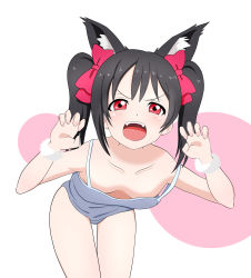 Rule 34 | 10s, 1girl, absurdres, animal ears, black hair, blush, bow, breasts, cat ears, downblouse, fangs, hair bow, hanging breasts, highres, juzbas03zdsqtjy, leaning forward, looking at viewer, love live!, love live! school idol project, medium hair, no bra, off shoulder, open mouth, red bow, red eyes, small breasts, solo, standing, strap slip, tank top, twintails, yazawa nico