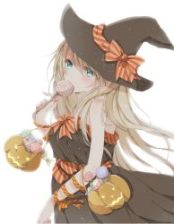 Rule 34 | 1girl, blonde hair, blue eyes, candy, halloween, hat, hiro (hirohiro31), lollipop, long hair, looking at viewer, original, simple background, solo, witch hat