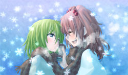 Rule 34 | 2girls, blue eyes, blush, can, cocoa, couple, closed eyes, green hair, hot chocolate, kitsune maru, multiple girls, one eye closed, onozuka komachi, open mouth, red hair, scarf, shared clothes, shared scarf, shiki eiki, smile, snow, touhou, two side up, upper body, wink, yuri