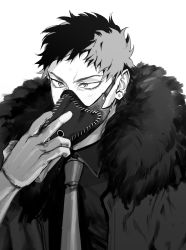 Rule 34 | 1boy, boku no hero academia, collared shirt, earrings, feather trim, gloves, goodbye glory, greyscale, hand on mask, highres, jacket, jewelry, male focus, mask, monochrome, necktie, overhaul (boku no hero academia), plague doctor mask, shirt, short hair, simple background, solo, upper body, white background