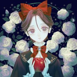 Rule 34 | 1boy, apple, black capelet, black hair, bow, bowtie, brooch, capelet, earrings, enahamaru, expressionless, flower, food, fruit, gloves, grey eyes, hair bow, high collar, highres, holding, holding food, holding fruit, jewelry, looking at viewer, male focus, original, pale skin, red bow, red bowtie, rose, short hair, snow white, solo, trap, upper body, white flower, white gloves, white rose