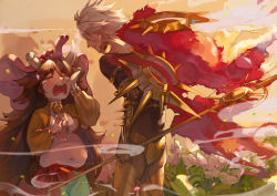 Rule 34 | 1boy, 1girl, armor, bell, brown hair, cape, closed eyes, commentary request, crying, earrings, elephant hat, fate/grand order, fate (series), flower, ganesha (fate), holding, holding polearm, holding weapon, jewelry, jinako carigiri, karna (fate), long hair, looking at another, midriff, navel, notiu, open mouth, plump, polearm, red cape, short hair, smile, very long hair, weapon, white flower, white hair