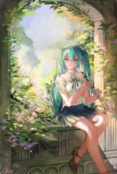 Rule 34 | 1girl, aqua hair, bad id, bad pixiv id, bird, black ribbon, blue eyes, blue skirt, brown footwear, collared shirt, commentary request, dress shirt, flower, hair between eyes, hatsune miku, highres, holding, holding instrument, instrument, long hair, miniskirt, neck ribbon, pleated skirt, qie, ribbon, shirt, short sleeves, signature, sitting, skirt, solo, twintails, very long hair, vocaloid, white flower, white shirt, wing collar