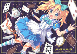 Rule 34 | 1girl, :d, aki (akisora hiyori), alice (alice in wonderland), alice (alice in wonderland) (cosplay), alice cartelet, alice in wonderland, blonde hair, blue eyes, bow, card, character name, clock, copyright name, cosplay, cup, dress, hair bow, kin-iro mosaic, kneehighs, looking at viewer, open mouth, playing card, pouring, sash, saucer, smile, socks, solo, sparkle, striped background, striped clothes, striped socks, tea, teacup, teapot, twintails, vertical stripes, wristband