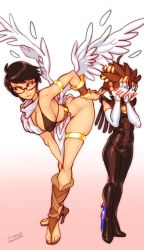 Rule 34 | 1boy, 1girl, absurdres, angel wings, artist name, ass, bayonetta, bayonetta (series), bent over, bikini, bikini top only, black hair, blush, bodysuit, boots, breasts, brown hair, bulge, butt crack, combos &amp; doodles, cosplay, costume switch, covering face, elbow gloves, full body, glasses, gloves, gradient background, high heel boots, high heels, highres, kid icarus, large breasts, lips, mole, mole under mouth, nintendo, no panties, pit (kid icarus), short hair, sleeveless, smile, standing, super smash bros., swimsuit, toeless footwear, toga, white gloves, wings
