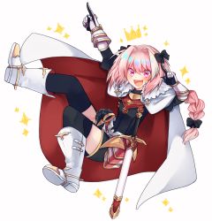 Rule 34 | 1boy, :d, astolfo (fate), black thighhighs, boots, bow, braid, cape, crown, fang, fate/apocrypha, fate/grand order, fate (series), full body, fur trim, gauntlets, hair bow, highres, male focus, open mouth, pink eyes, pink hair, pointing, ponita, single braid, skirt, smile, solo, sparkle, sword, thighhighs, trap, weapon