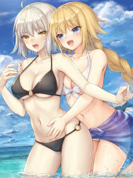 Rule 34 | 2girls, :d, ahoge, bare shoulders, bikini, black bikini, blonde hair, blue eyes, blue sky, braid, breasts, brown eyes, cleavage, cloud, cloudy sky, contrapposto, cowboy shot, day, fate/grand order, fate (series), front-tie bikini top, front-tie top, halterneck, highres, jeanne d&#039;arc (fate), jeanne d&#039;arc (ruler) (fate), jeanne d&#039;arc alter (avenger) (fate), jeanne d&#039;arc alter (fate), large breasts, long hair, mashuu (neko no oyashiro), multiple girls, navel, o-ring, o-ring bottom, o-ring top, open mouth, outdoors, sarong, short hair, silver hair, sky, smile, standing, swimsuit, wading