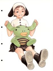 Rule 34 | 1girl, animal ears, animal hat, boots, brown eyes, brown hair, foreshortening, full body, futurhythm, grin, hat, highres, murata range, rubber boots, scan, shoe soles, short hair, sitting, skirt, smile, solo, stuffed animal, stuffed toy