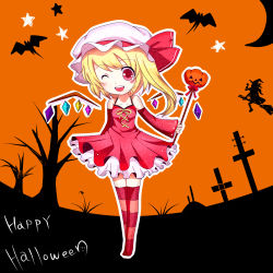 Rule 34 | 2girls, alternate costume, bat (animal), blonde hair, broom, broom riding, chibi, female focus, flandre scarlet, halloween, happy halloween, hat, kirisame marisa, mesoso, multiple girls, one eye closed, red eyes, striped clothes, striped legwear, striped thighhighs, thighhighs, touhou, wink, witch, witch hat