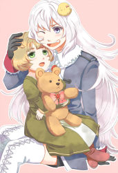 Rule 34 | 2girls, animal, ascot, axis powers hetalia, bear, bird, blonde hair, blue eyes, blush, boots, bow, chick, child, dress, gender request, genderswap, germany (hetalia), gloves, green eyes, hair bow, hand on another&#039;s head, happy, long hair, multicolored eyes, multiple girls, one eye closed, open mouth, prussia (hetalia), purple eyes, ribbon, scar, short hair, siblings, sisters, sitting, sitting on person, skirt, soldier, stuffed animal, stuffed toy, thigh boots, thighhighs, uniform, waniwani, white hair, wink