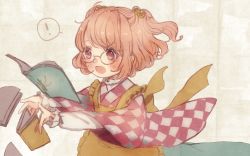 Rule 34 | 1girl, apron, bad id, bad pixiv id, bell, book, checkered clothes, checkered kimono, dropping, glasses, hair bell, hair ornament, japanese clothes, kimono, long sleeves, motoori kosuzu, open mouth, red eyes, red hair, short hair, solo, touhou, twintails, two side up, wide sleeves, yujup