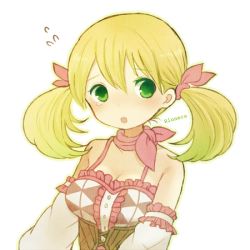 Rule 34 | 1girl, atelier (series), atelier rorona, ayu (mog), bad id, bad pixiv id, bare shoulders, blonde hair, breasts, cleavage, detached sleeves, female focus, green eyes, hair ribbon, lionela heinze, open mouth, revision, ribbon, solo, sweatdrop, tears, twintails, upper body