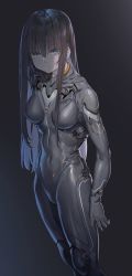 Rule 34 | 1girl, black background, blue eyes, brown hair, closed mouth, collarbone, covered collarbone, covered erect nipples, covered navel, fangxiang cuoluan, gradient background, grey background, highres, looking at viewer, original, plugsuit, science fiction, skin tight, solo