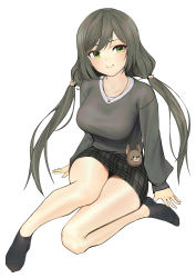 Rule 34 | 1girl, absurdres, animal hair ornament, ankle socks, black hair, black socks, breasts, closed mouth, collarbone, commentary, full body, green eyes, grey hair, grey sweater, highres, knee up, large breasts, long hair, long sleeves, looking at viewer, low twintails, medium breasts, miniskirt, no shoes, original, simple background, sitting, skirt, smile, socks, solo, stuffed animal, stuffed toy, sweater, twintails, ur-8, virtual youtuber, white background
