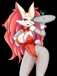 Rule 34 | 1girl, absurdres, alcohol, bow, bowtie, braixen, braxy (lucyfer), breasts, cleavage, creatures (company), cup, curvy, drinking glass, elbow gloves, female focus, fishnet gloves, fishnet pantyhose, fishnets, furry, game freak, gen 6 pokemon, gloves, gluteal fold, highleg, highleg leotard, highres, holding, holding tray, large breasts, leotard, long hair, lucyfer, martini, matching hair/eyes, nintendo, open mouth, pantyhose, playboy bunny, pokemon, rabbit tail, red bow, red bowtie, red eyes, red hair, red leotard, ribbon, solo, standing, strapless, strapless leotard, tail, transparent background, tray, waitress, wide hips, wrist cuffs