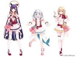Rule 34 | 3girls, ankle boots, belt, black hair, blonde hair, blue eyes, blue hair, blunt bangs, boots, braid, braided bangs, breasts, buttons, closed mouth, crown, detached sleeves, double-breasted, fins, fish tail, flat chest, frilled thighhighs, frills, full body, gawr gura, gradient hair, grey eyes, grey hair, hair ornament, hairclip, halo, hand on own hip, hand up, hane yuki, heart, heart hair ornament, heart hands, holding, holding syringe, hololive, hololive english, layered skirt, light blush, light smile, long hair, looking at viewer, medium breasts, medium hair, mini crown, miniskirt, mole, mole under eye, multicolored hair, multiple girls, ninomae ina&#039;nis, official alternate costume, official art, orange hair, outstretched arms, pink footwear, pink skirt, pleated skirt, pointy ears, pom pom (clothes), pom pom hair ornament, puffy detached sleeves, puffy short sleeves, puffy sleeves, purple hair, red footwear, red shirt, red vest, ribbon-trimmed footwear, shark girl, shark tail, sharp teeth, shirt, short hair, short sleeves, sidelocks, simple background, skirt, skirt set, standing, straight hair, streaked hair, syringe, tachi-e, tail, teeth, tentacle hair, thighhighs, triangular headpiece, twintails, two-tone shirt, very long hair, vest, virtual youtuber, watson amelia, white background, white shirt, white skirt, white thighhighs, wrist cuffs, zettai ryouiki