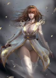 Rule 34 | 1girl, arm guards, bare shoulders, breasts, brown eyes, brown hair, chuby mi, cleavage, closed mouth, collar, dead or alive, dead or alive 2, elbow gloves, floral print, gloves, hair ornament, highres, holding, japanese clothes, jewelry, kasumi (doa), large breasts, lips, long hair, looking at viewer, obi, petals, reverse grip, sash, simple background, sleeveless, solo, thighhighs, thighs, tiara, weapon, white gloves, white thighhighs