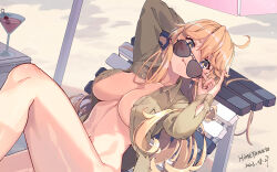 Rule 34 | 1girl, adjusting eyewear, aviator sunglasses, blonde hair, blue eyes, bottomless, breasts, cleavage, commentary request, dog, highres, himeyamato, iowa (kancolle), jacket, kantai collection, large breasts, long hair, looking over eyewear, lying, no bra, no pants, on back, puppy, revision, solo, star-shaped pupils, star (symbol), sunglasses, symbol-shaped pupils, victory (dog)