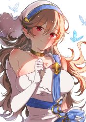 Rule 34 | 1girl, blush, breasts, bug, butterfly, closed mouth, corrin (female) (fire emblem), corrin (fire emblem), elbow gloves, fire emblem, fire emblem fates, fire emblem heroes, gloves, highres, insect, long hair, medium breasts, nekolook, nintendo, pointy ears, red eyes, simple background, smile, solo, upper body, veil, white background, white gloves