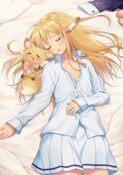 Rule 34 | 1girl, absurdres, animal, animal ear fluff, animal ears, bed sheet, black jacket, blonde hair, blush, bow, center frills, closed eyes, collarbone, collared shirt, commission, copyright request, dress shirt, facing viewer, fox, frills, highres, jacket, unworn jacket, long hair, long sleeves, lying, multicolored hair, on back, parted lips, pillow, pink bow, pink hair, pleated skirt, sakura chiyo (konachi000), shirt, skirt, sleeves past wrists, solo, streaked hair, very long hair, virtual youtuber, white shirt, white skirt