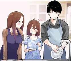 Rule 34 | 1boy, 2girls, :t, ^ ^, aged up, alternate hairstyle, antenna hair, apron, black hair, black shirt, blue apron, blue dress, blurry, blurry background, blush, breasts, brown hair, brown shirt, child, chopsticks, closed eyes, closed mouth, commentary, couple, dress, eating, family, father and daughter, floral print, go-toubun no hanayome, hair over one eye, happy, hetero, highres, holding, holding chopsticks, if they mated, indoors, large breasts, long hair, long sleeves, looking at another, mame1645, medium hair, mother and daughter, multiple girls, nakano miku, open mouth, profile, puffy short sleeves, puffy sleeves, purple apron, shirt, short hair, short sleeves, sidelocks, smile, straight-on, swept bangs, uesugi fuutarou, washing, yellow eyes