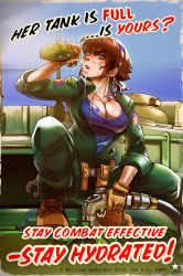 Rule 34 | 1girl, andava, bandana, breasts, brown eyes, brown gloves, brown hair, canteen, character request, cleavage, column (comic), commentary, drinking, earbuds, earphones, english text, gloves, highres, jumpsuit, medium breasts, military, military vehicle, motor vehicle, overalls, parody, propaganda, short hair, solo, squatting, strap gap, style parody, tank, thick eyebrows, united states army, unzipped, water, wet