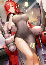 Rule 34 | 1girl, absurdres, alternate costume, an yasuri, azur lane, bad id, bad pixiv id, black dress, black gloves, blush, bracelet, braid, breasts, china dress, chinese clothes, cleavage, commentary request, covered erect nipples, covered navel, crown braid, dress, dutch angle, earrings, feather boa, gloves, gold trim, hair between eyes, hair ornament, half gloves, hand up, highres, impossible clothes, impossible dress, indoors, jewelry, large breasts, leaning, light particles, long hair, looking at viewer, mirror, monarch (azur lane), new year, oil-paper umbrella, parted lips, red hair, reflection, revision, sidelocks, solo, standing, table, taut clothes, taut dress, thigh strap, thighs, umbrella, very long hair