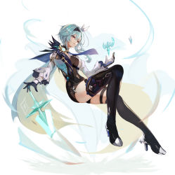 Rule 34 | 1girl, absurdres, blue hair, boots, breasts, cape, center opening, eula (genshin impact), full body, genshin impact, gloves, hair ornament, high heels, highres, legs, leotard, long sleeves, lumo 1121, medium breasts, necktie, solo, sword, thigh boots, thighhighs, underboob, weapon, wide sleeves