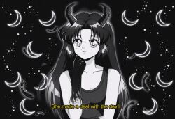 Rule 34 | 1990s (style), 1girl, anime coloring, black background, black hair, black tank top, black theme, breasts, claws, cleavage, collarbone, commentary, commission, crescent, dark, demon horns, elbow on arm, english commentary, english text, eyelashes, feathers, gradient skin, greyscale, hand on own chin, horns, long hair, looking at viewer, medium breasts, monochrome, nyahallo, original, outline, parted bangs, parted lips, retro artstyle, simple background, smile, solo, star (symbol), starry background, tank top, upper body, white outline