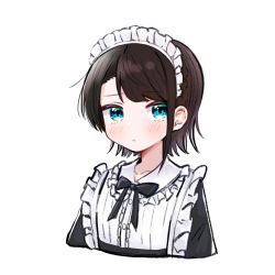 Rule 34 | 1girl, alternate costume, apron, bad id, bad twitter id, black bow, black neckwear, blue eyes, blush, bow, braid, breasts, brown hair, collarbone, commentary request, enmaided, frilled apron, frills, highres, hololive, kirome toru 2, looking at viewer, maid, maid apron, maid headdress, oozora subaru, short hair, sidelocks, simple background, solo, swept bangs, upper body, virtual youtuber, white background