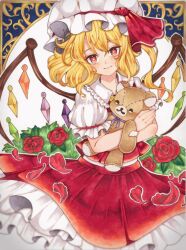 Rule 34 | 1girl, blonde hair, blush, bright pupils, closed mouth, expressionless, flandre scarlet, flower, frilled shirt collar, frills, hair between eyes, hat, highres, looking at viewer, medium hair, miyabiii oekaki, mob cap, one side up, outline, petals, puffy short sleeves, puffy sleeves, red eyes, red flower, red rose, red skirt, red vest, rose, rose petals, short sleeves, skirt, skirt set, solo, stuffed animal, stuffed toy, teddy bear, touhou, traditional media, vest, white outline, white pupils, wings