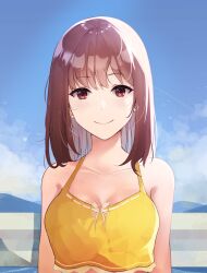 Rule 34 | 1girl, bare arms, bare shoulders, blue sky, brown eyes, brown hair, closed mouth, commentary, crop top, feet out of frame, happy, highres, looking at viewer, medium hair, original, reyn 77a, shirt, sky, sleeveless, sleeveless shirt, smile, summer