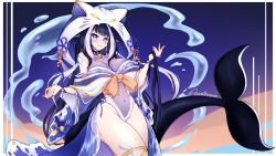 Rule 34 | 1girl, :3, animal ears, animal hood, arm tattoo, artist name, black hair, blush, breasts, cetacean tail, chest tattoo, cleavage, commentary, covered navel, english commentary, facial tattoo, fang, fins, fish tail, highres, hood, hood up, indie virtual youtuber, large breasts, leg tattoo, looking at viewer, multicolored hair, navel, one-piece swimsuit, orca girl, pandreemvtuber, purple eyes, see-through, see-through cleavage, see-through swimsuit, shylily, shylily (3rd costume), skin fang, streaked hair, swimsuit, tail, tattoo, thigh strap, virtual youtuber, water, white hair, white one-piece swimsuit