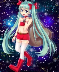 Rule 34 | 1girl, bad id, bad pixiv id, blue eyes, blue hair, breasts, christmas, dress, flat chest, fur-trimmed dress, fur trim, hatsune miku, id=4335118, long hair, mafe (mafeczitha), matching hair/eyes, red dress, ribbon, sack, santa costume, small breasts, smile, solo, sparkle, twintails, very long hair, vocaloid, watermark, web address