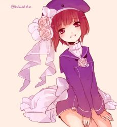 Rule 34 | 10s, 1girl, flower, grin, hat, kantai collection, kobayashi kabura, long sleeves, looking at viewer, lowres, red eyes, red hair, rose, sailor collar, sailor hat, short hair, simple background, sitting, smile, solo, twitter username, white flower, white rose, z3 max schultz (kancolle)